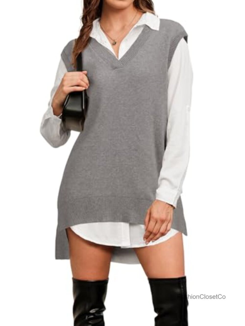 Women's Wool Blend Sleeveless V-Neck High Low Side Slit Sweater Vest